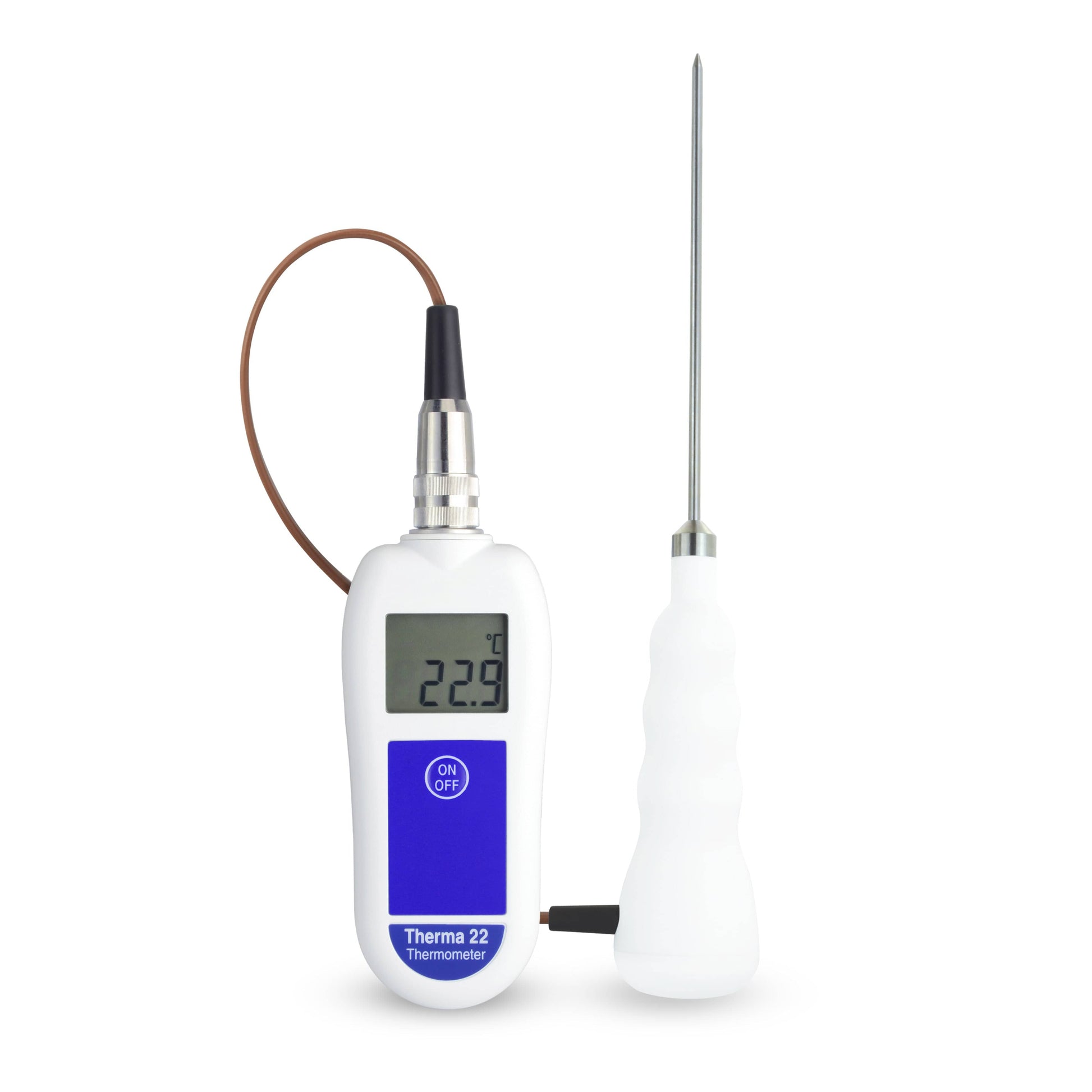 un Thermocouple et thermomètre à thermistance Therma 22 avec un thermomètre attaché de Thermometre.fr.