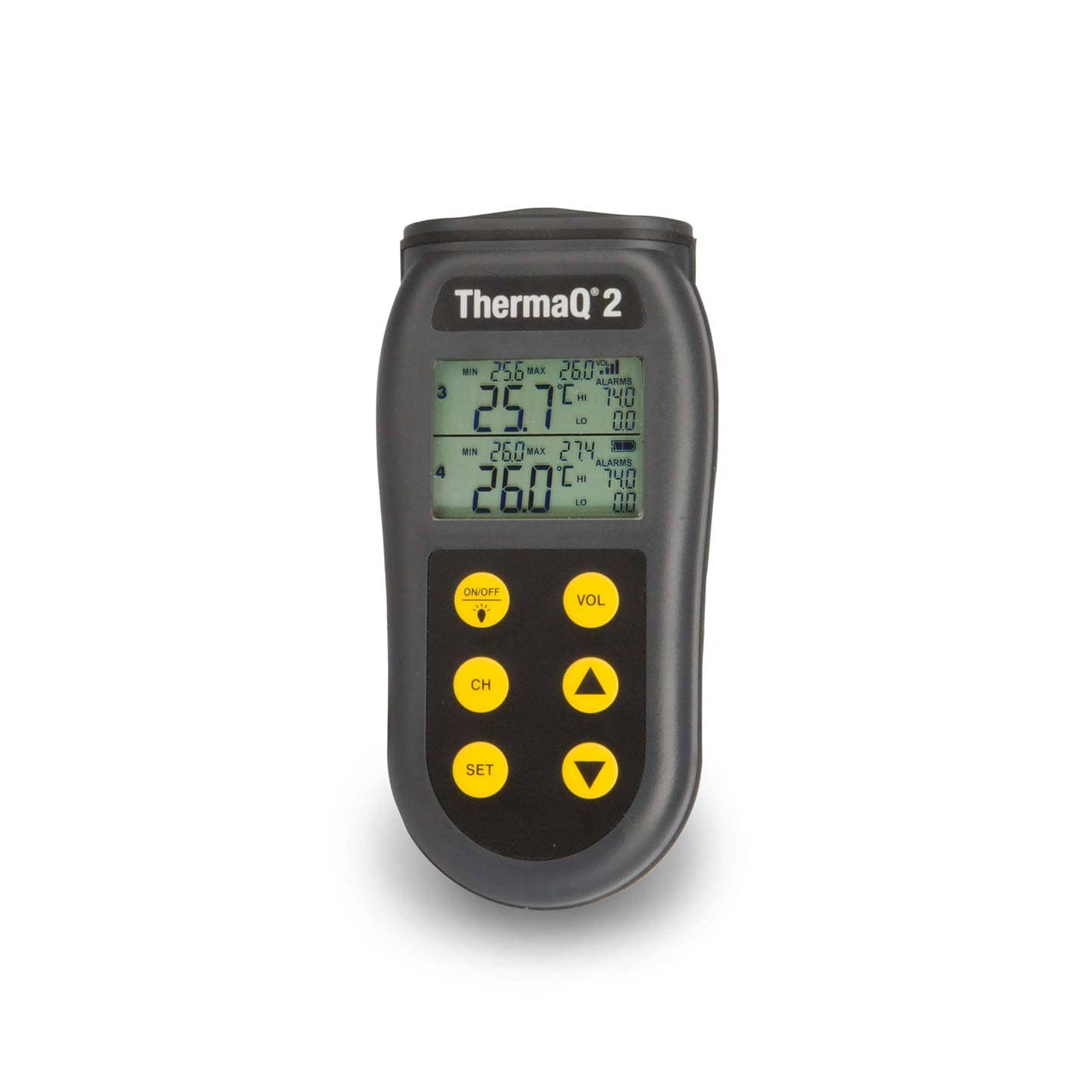 Un Thermomètre à quatre canaux ThermaQ 2 de Thermometre.fr sur fond blanc.