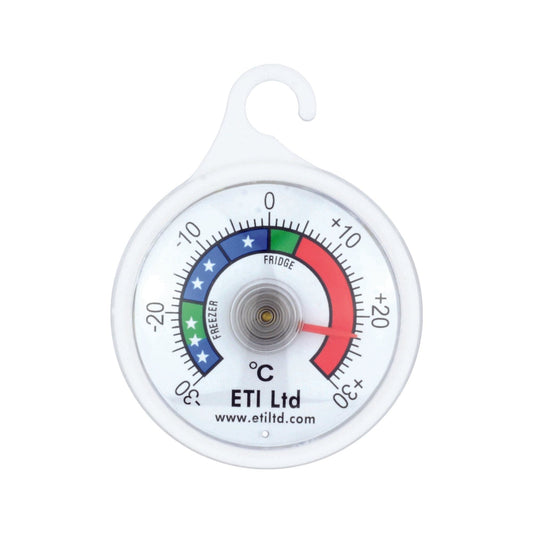 un Thermomètre pour réfrigérateur / congélateur Cadran 52 mm par Thermometre.fr accroché sur un fond blanc.