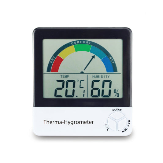 Un "Therma-Hygromètre avec indication du niveau de confort" de Thermometre.fr sur fond blanc.