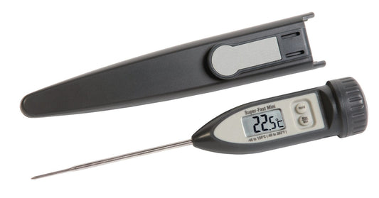 Un mini thermomètre ultra-rapide Thermometre.fr avec fonctions max / min et maintien et un thermomètre sur fond blanc.