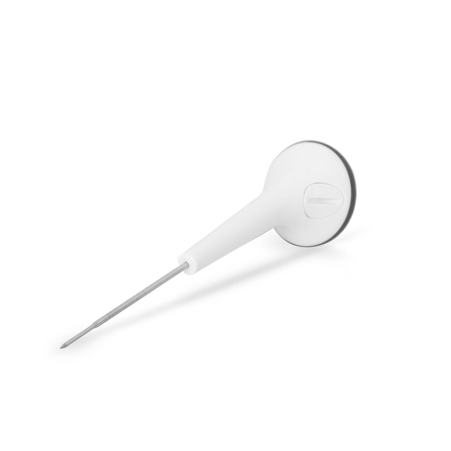 un Thermomètre étanche ThermaProbe blanc à affichage rotatif sur une surface blanche