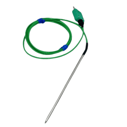 Une Sonde de pénétration à usage général verte attachée à un fil bleu de Thermomètre.fr.