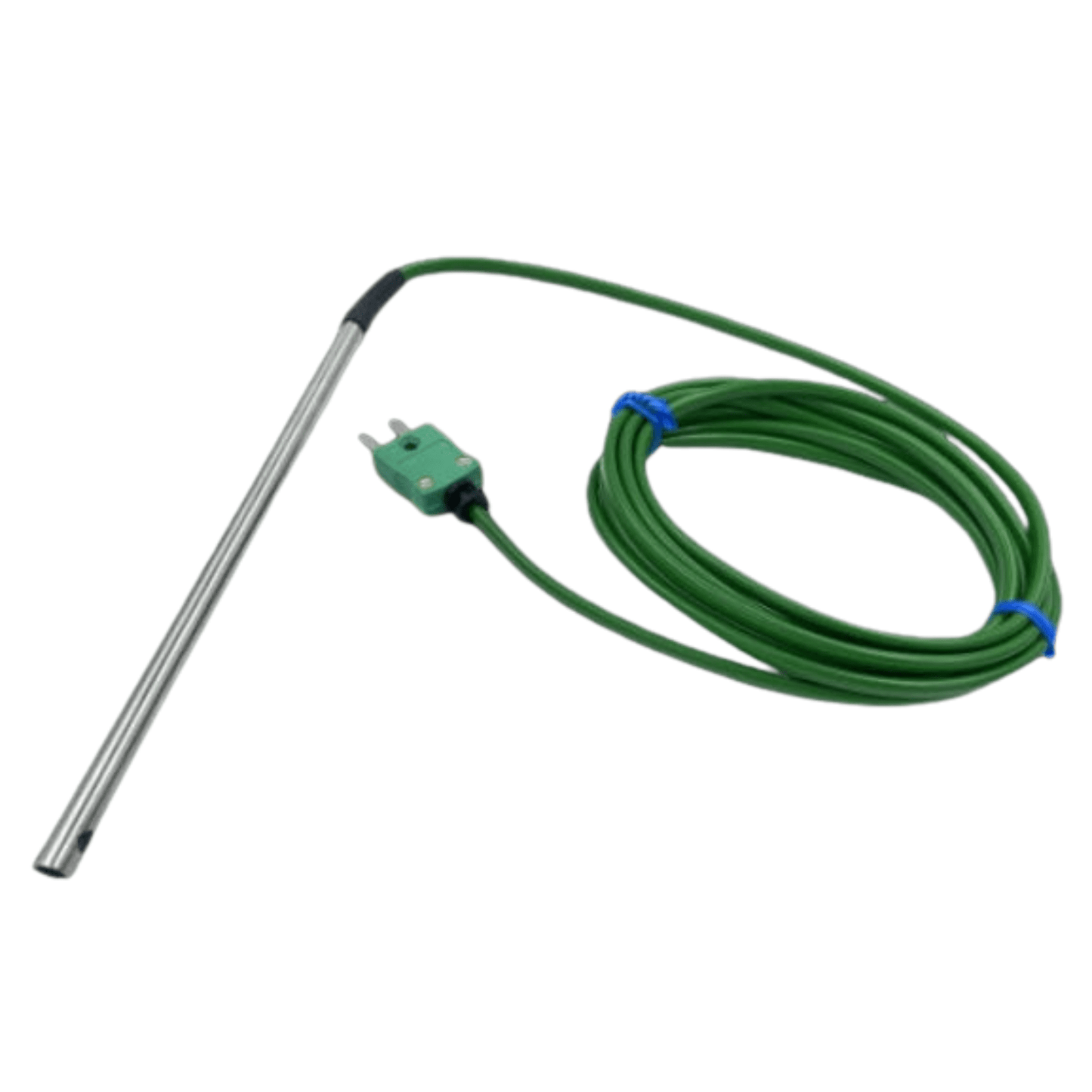 Une sonde verte de température d'air ou de gaz câblée avec une prise utilisée dans les applications CVC par Thermomètre.fr.