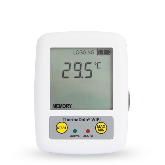 Un Thermomètre enregistreur WiFi sans fil avec capteur interne de Thermometre.fr sur fond blanc.