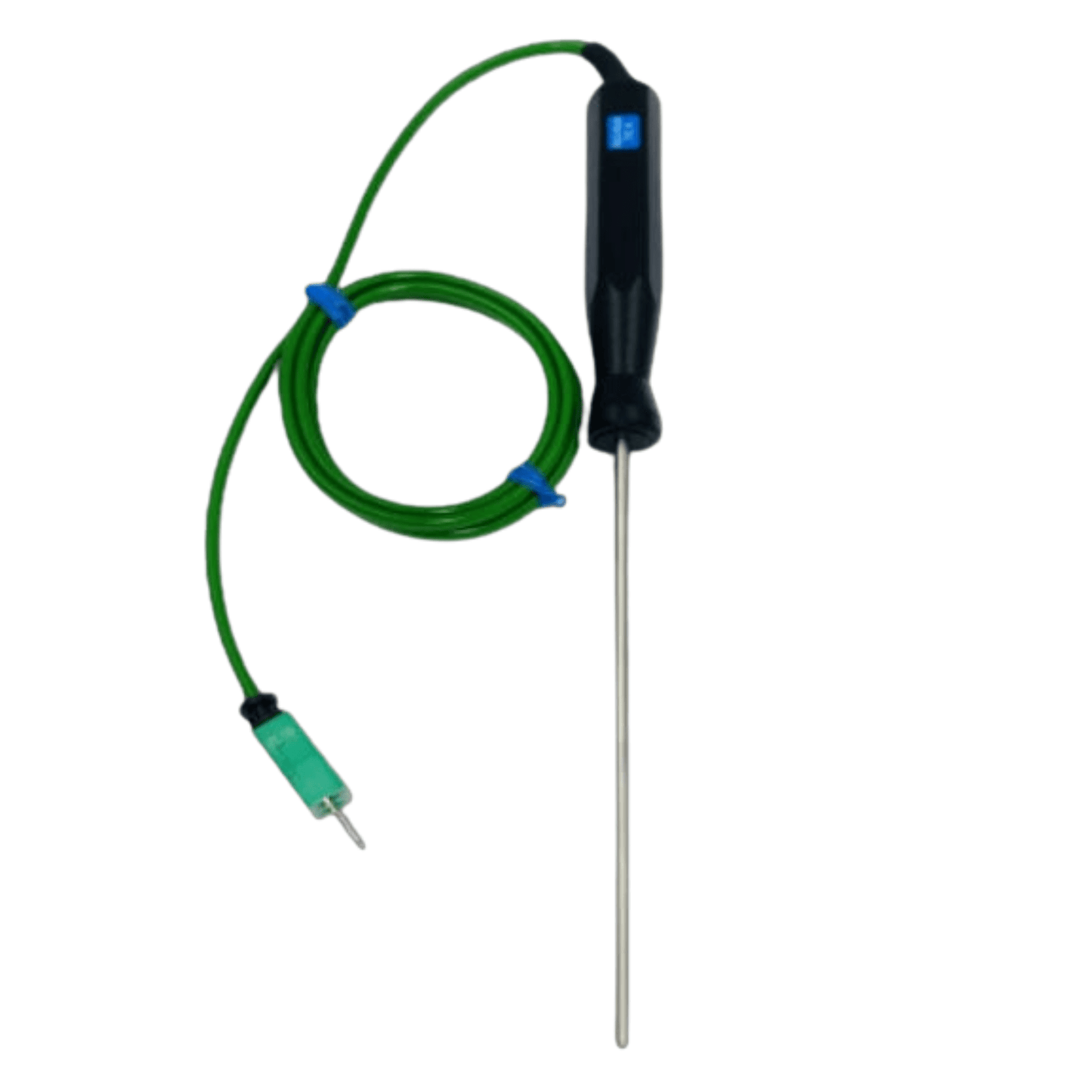 Un classeur de sonde de température vert auquel est attaché un fil qui mesure la température de Thermomètre.fr.