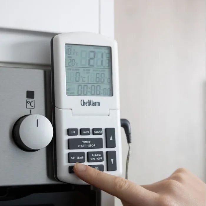 une personne utilisant le Thermomètre et minuterie ChefAlarm de Thermometre.fr sur une cuisinière.