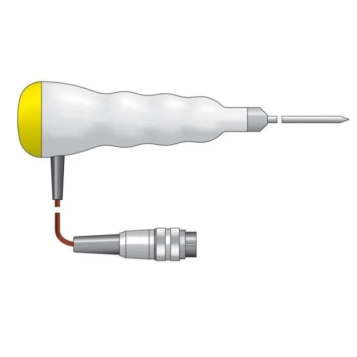 Une Sonde de pénétration thermocouple blanche et jaune à code couleur avec une pointe jaune par Thermometre.fr.