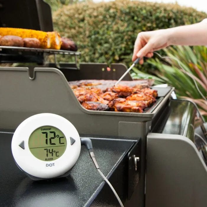 Une personne cuisine des aliments sur un gril avec un Thermomètre de four numérique DOT de Thermometre.fr.