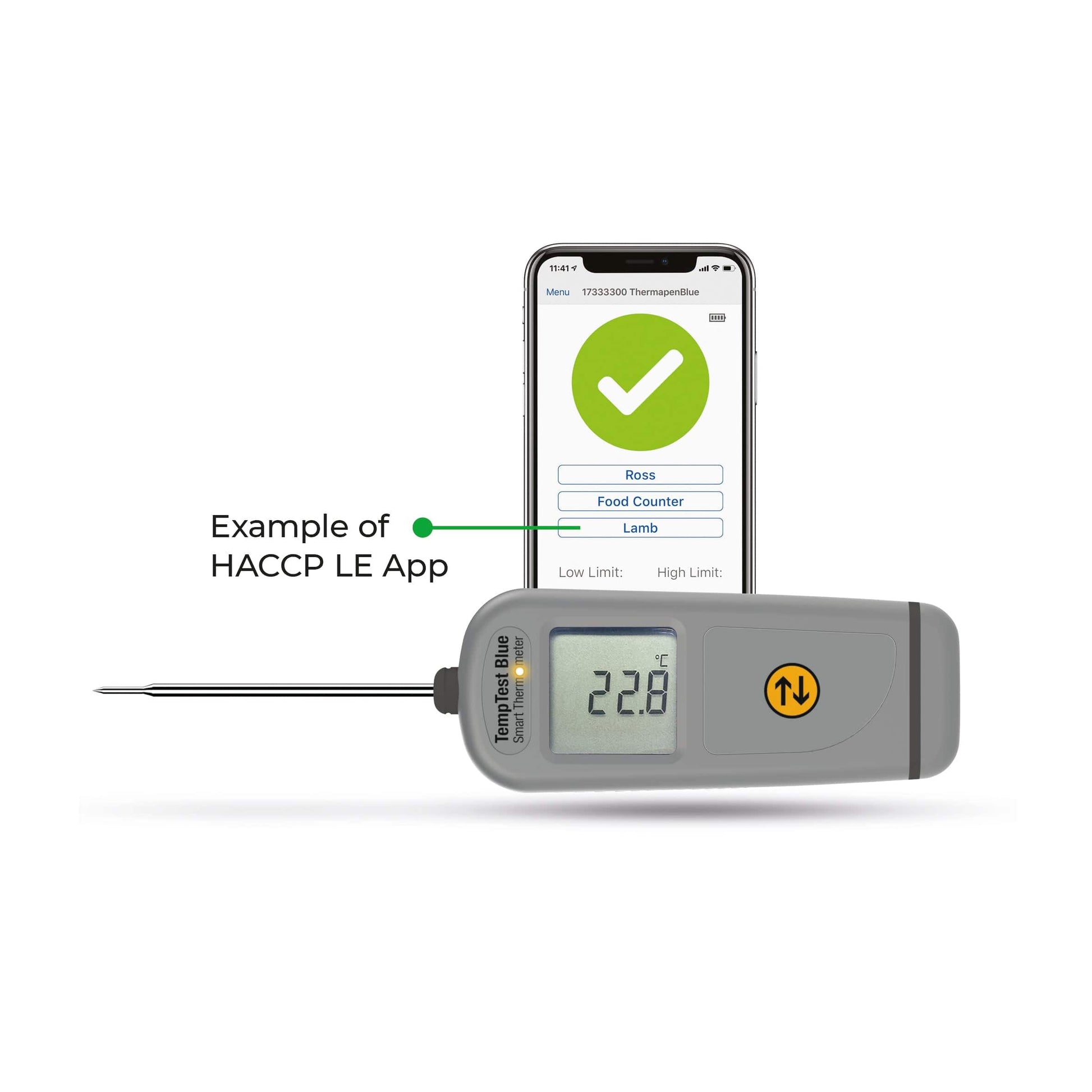 un exemple de l'application Thermomètre intelligent bleu TempTest avec affichage rotatif à 360 degrés sur smartphone par Thermometre.fr.