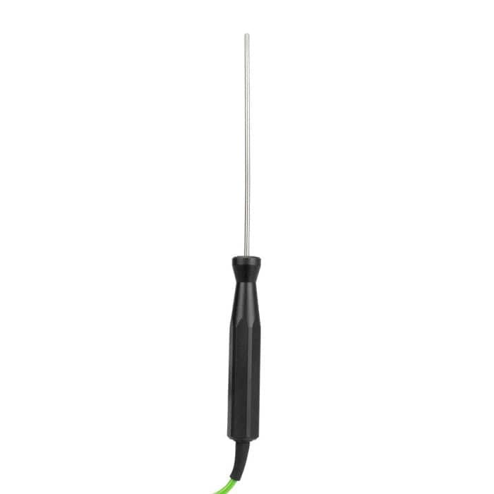 Une sonde Thermomètre.fr noire et verte capable de mesurer des températures jusqu'à 1100°C sur fond blanc.