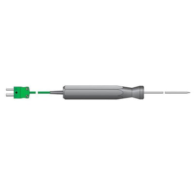 Une Sonde de température à piquer avec une pointe verte sur fond blanc, utilisée comme sonde de température pour un temps de réponse rapide par Thermomètre.fr.