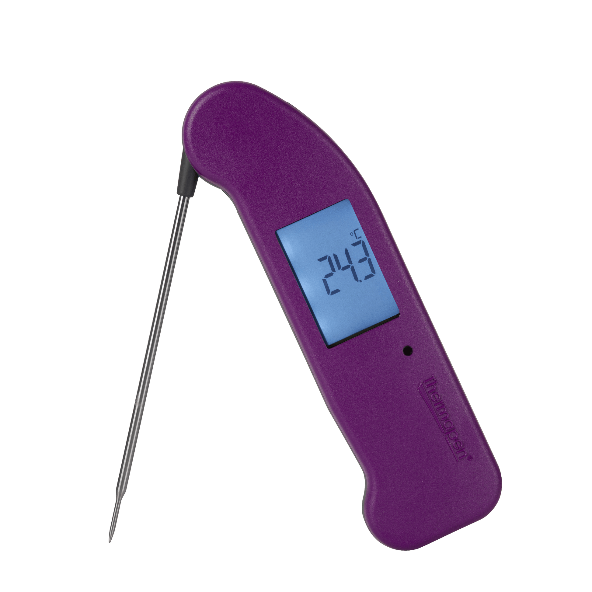 Un thermomètre numérique Thermapen® One violet sur fond noir par Thermometre.fr.