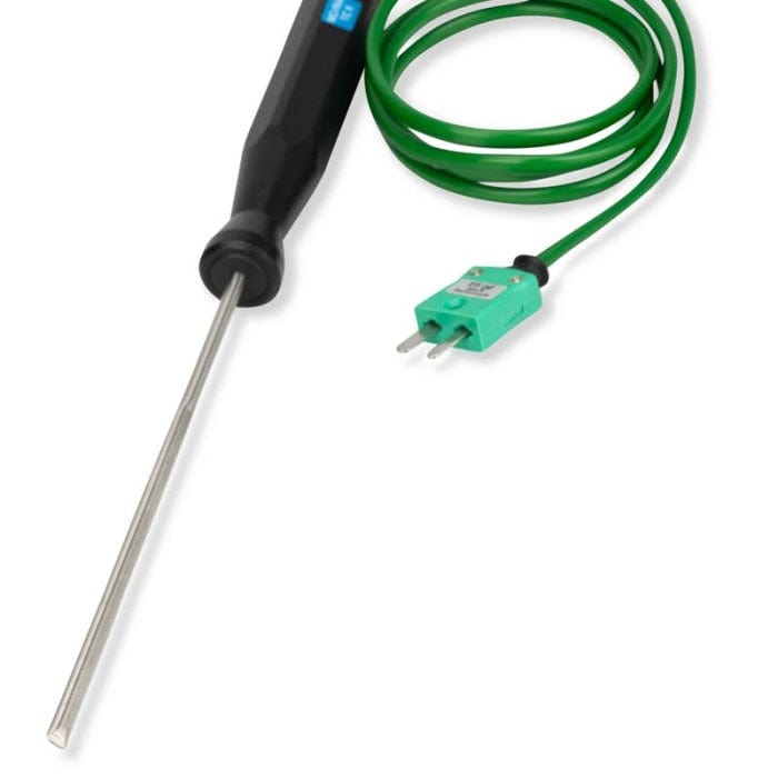 Une Sonde rigide entre la sonde de température du pack avec un câble vert pour les mesures par Thermomètre.fr.