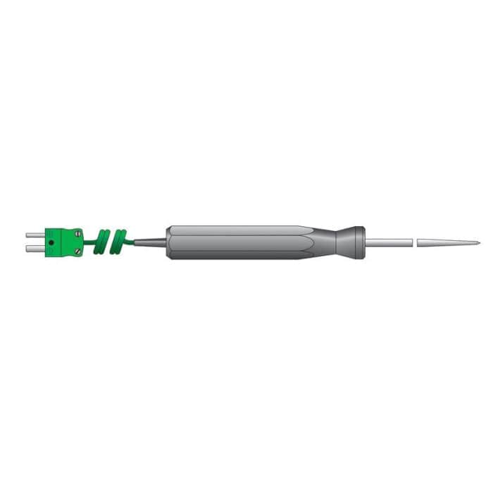 Une Sonde de température - pénétration prolongée avec une pointe verte sur fond blanc est utilisée comme thermocouple. (Nom de la marque : Thermomètre.fr)