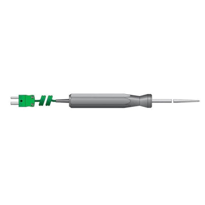 Une Sonde de température - pénétration prolongée avec une pointe verte sur fond blanc est utilisée comme thermocouple. (Nom de la marque : Thermomètre.fr)