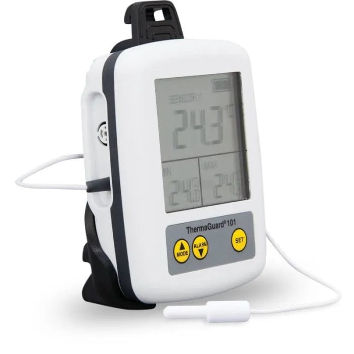 Thermometre.fr Thermomètre ThermaGuard avec alarme pour réfrigérateur et congélateur conforme HACCP avec capteur externe et affichage indiquant les températures actuelles, minimales et maximales pour la sécurité alimentaire.