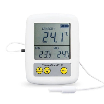 Thermomètre numérique affichant les températures actuelles, minimales et maximales pour la sécurité alimentaire et la conformité HACCP - Thermomètre ThermaGuard avec alarme pour réfrigérateur et congélateur par Thermomètre.fr.