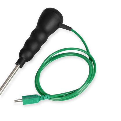 Une sonde de pénétration noire étanche et résistante avec un cordon vert, adaptée pour mesurer une variété de températures. Nom de la marque : Thermomètre.fr