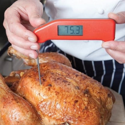 Un chef utilise un Thermomètres Thermapen® Classic de Thermometre.fr pour vérifier la température d'une dinde.