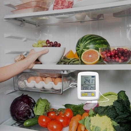 La main d'une personne cherchant un bol de raisins dans un réfrigérateur bien approvisionné affichant une température de 24°f (-4,4°c) et 34°f (1,1
Thermomètre ThermaGuard avec alarme pour réfrigérateur et congélateur par Thermomètre.fr