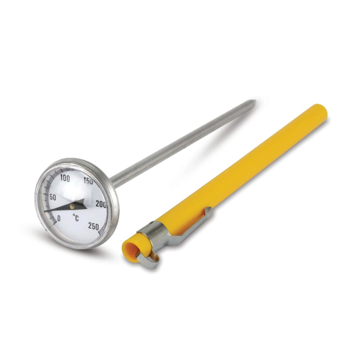 un Thermomètre à sonde à cadran jaune de Thermometre.fr sur fond blanc.