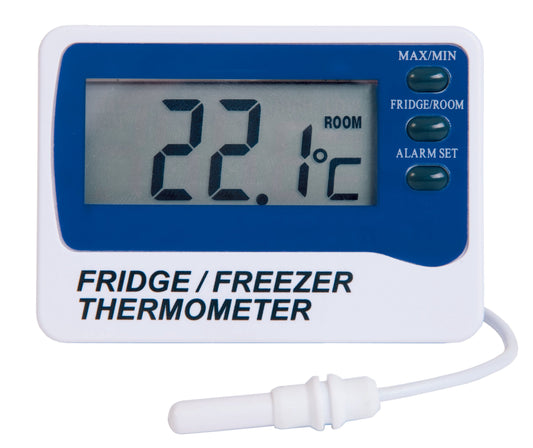un Thermomètre numérique d'alarme Thermometre.fr pour réfrigérateur/congélateur sur fond blanc.