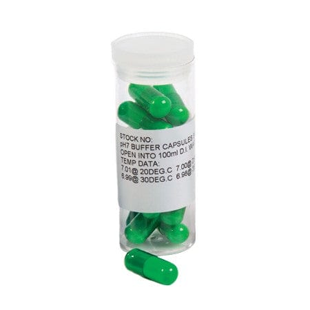 Capsules vertes de tampon pH - paquet de 10 dans un récipient en plastique sur fond blanc par Thermometre.fr.
